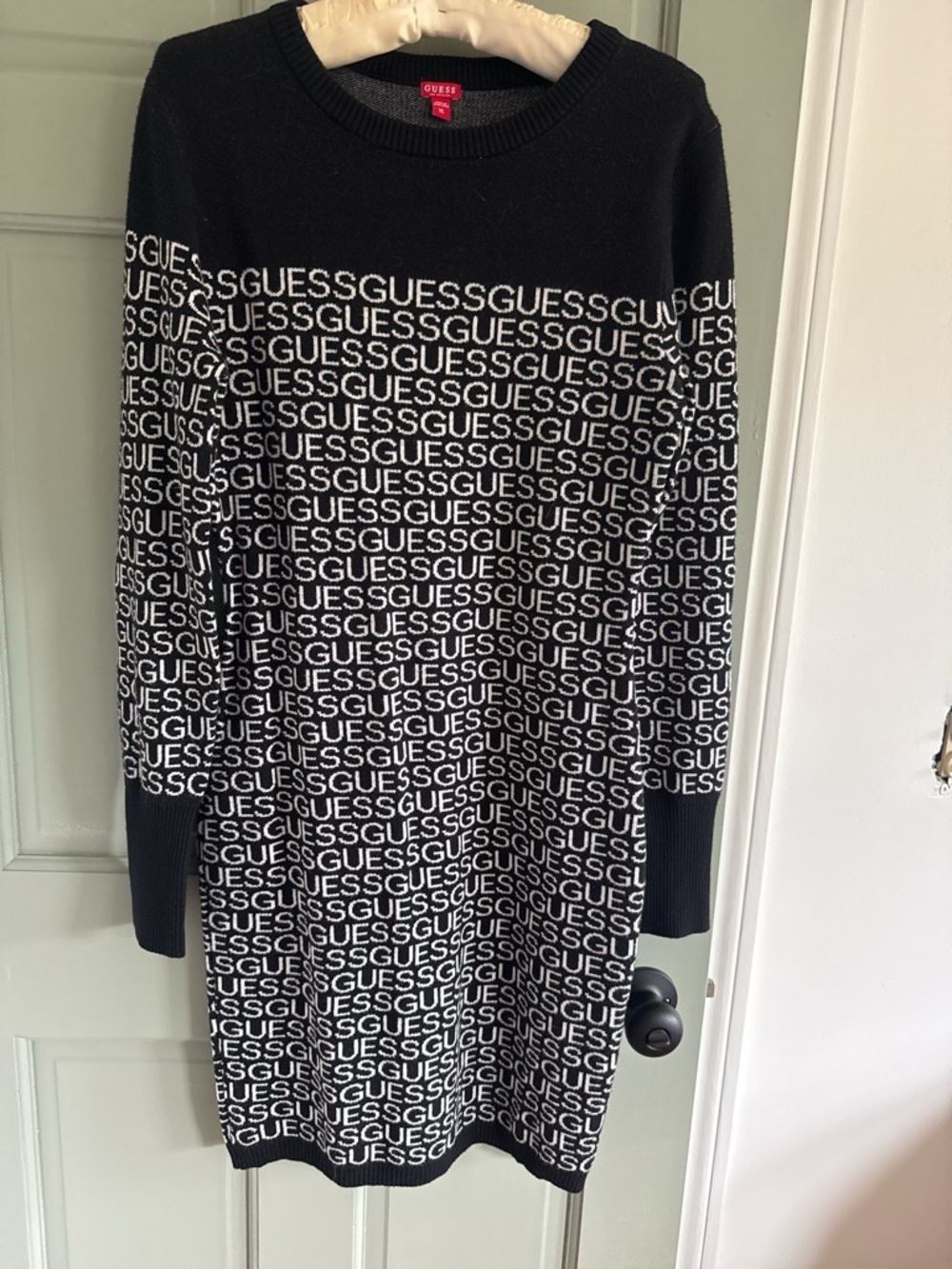 Guess Black and White Logo Knit Long Sleeve Dress